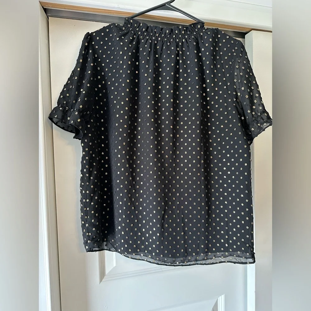 NEW J. Crew Black Gold Metallic Polka Dot Flowy Short Sleeve Baby Doll Blouse S